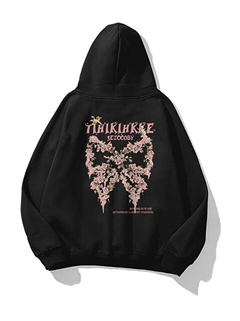 Trendseninle Unisex Rose Butterfly Baskılı Kapüşonlu Sweatshirt Hoodie Siyah - S000443079-19351