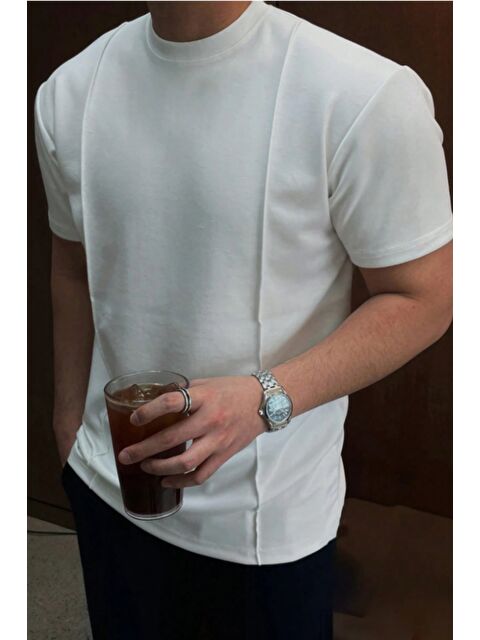 Tarz Cool Erkek Çizgi Detaylı Slim Fit Tişört Bisiklet Yaka Casual Pamuklu T-shirt