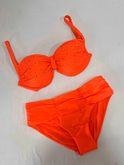 Hazelin Kadın Turuncu Taş İşlemeli Astarlı Büyük Beden Bikini Takımı HZL25S-LC01 - S000386919-20013