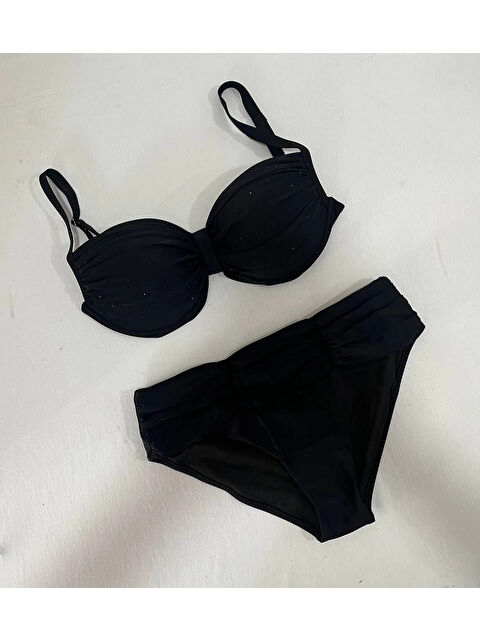 Hazelin Kadın Siyah Taş İşlemeli Astarlı Büyük Beden Bikini Takımı HZL25S-LC01 - S000386919-19351