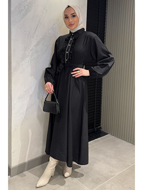 Julude Yaka Fırfır Ve Taş Detaylı Bel Kuşaklı Kadın Tesettür Elbise - S000361206-19351