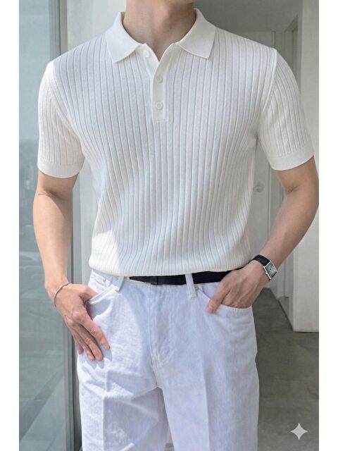 Tarz Cool Erkek Düğmeli Fitilli Triko Polo Tişört Slim Fit