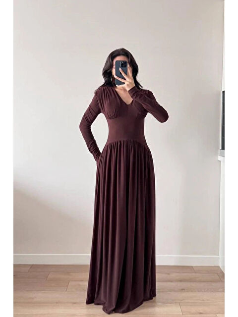 eka Kadın Kahve Eteği Büzgülü Dökümlü Elbise 1041-2694