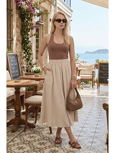 Lela Modest Pamuklu Relaxed Fit Lastikli Bel Tesettür Midi Etek 668YE4449