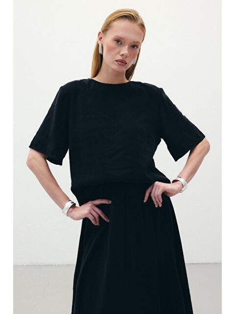 SATEEN Kısa Kollu Salaş Bluz - Siyah - S000412066-19351