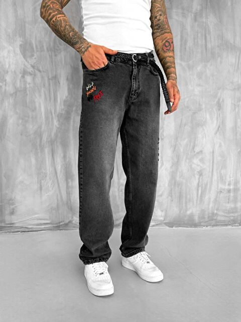 Abluka Online Erkek Slogan İşlemeli Baggy Jean Pantolon Siyah - S000481831-19351