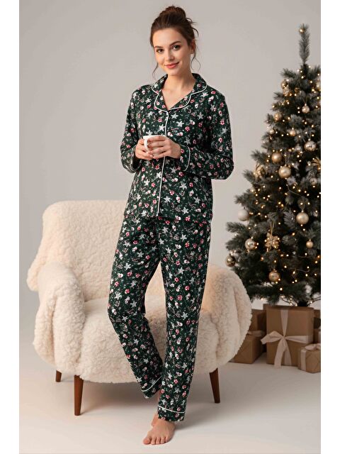 Tofisa Ara Biyeli Baskılı Süet Pijama Takımı Zümrüt - 28088-ZUMRUT - S000495251-18709