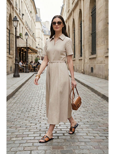 Lela Regular Fit Klasik Yaka Yırtmaçlı Kadın Midi Elbise 6922341 - S000498939-25636