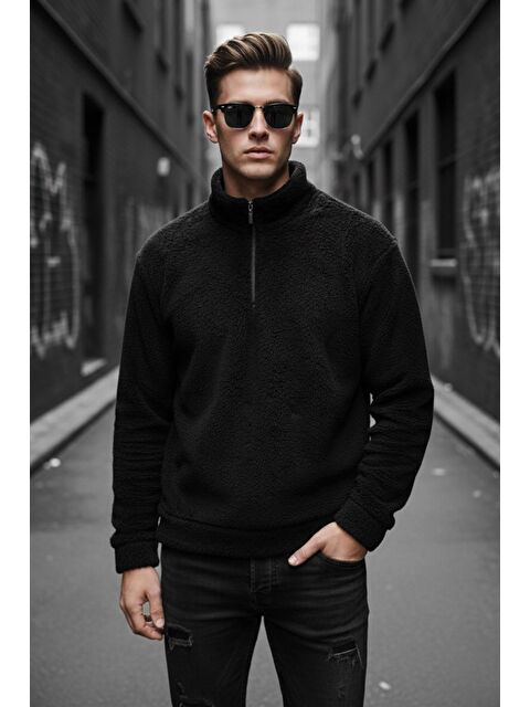 Oksit Jaky Slim Fit Pelüş Yarım Tam Fermuarlı Dik Yaka Kalın Erkek Sweatshirt Polar - S000487470-19351