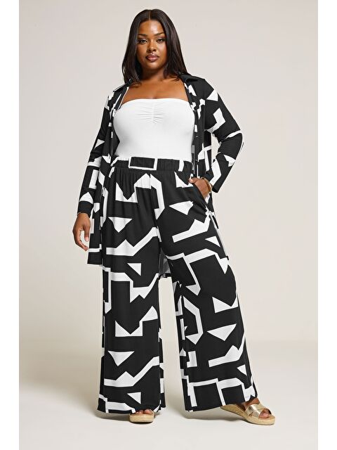 Stil Diva Büyük Beden Beli Lastikli Soyut Desenli Bol Paça Cepli Pantolon 304089 - S000427447-19351