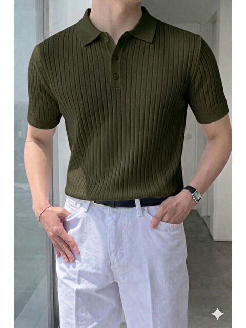 Tarz Cool Erkek Düğmeli Fitilli Triko Polo Tişört Slim Fit