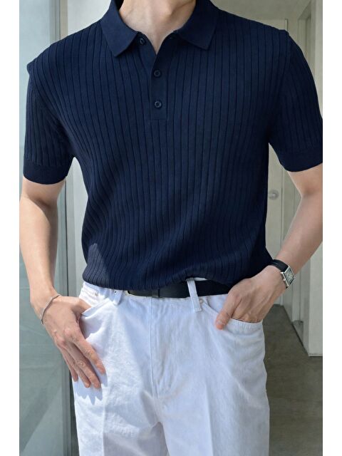 Tarz Cool Erkek Düğmeli Fitilli Triko Polo Tişört Slim Fit