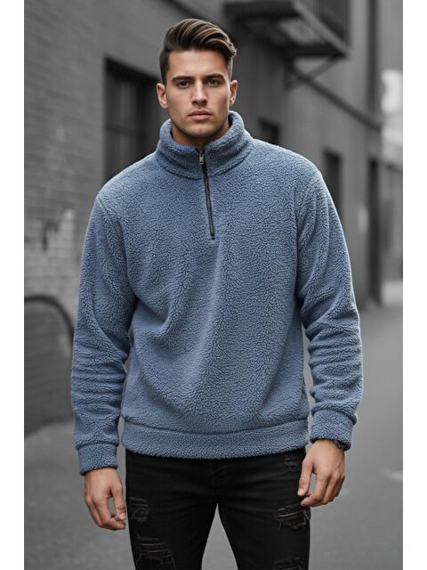 Oksit Jaky Slim Fit Pelüş Yarım Tam Fermuarlı Dik Yaka Kalın Erkek Sweatshirt Polar - S000487470-20600