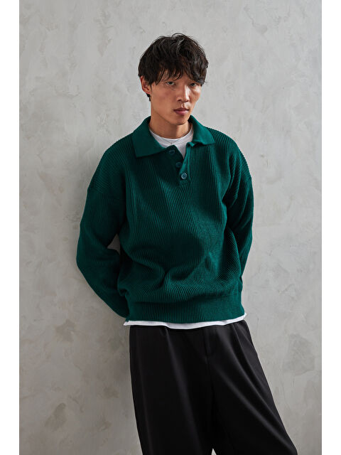 HYMAN Erkek Yakası Düğmeli Oversize Kazak - S000515415-19416