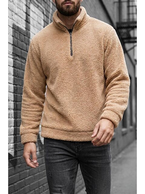 Oksit Jaky Slim Fit Pelüş Yarım Tam Fermuarlı Dik Yaka Kalın Erkek Sweatshirt Polar - S000487470-4557