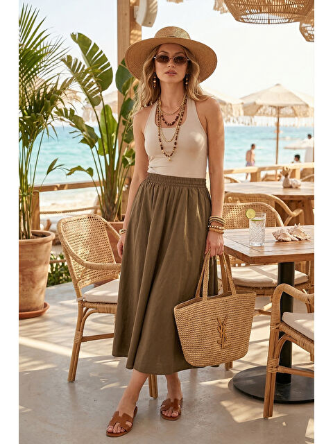 Lela Modest Pamuklu Relaxed Fit Lastikli Bel Tesettür Midi Etek 668YE4449