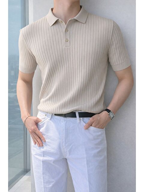 Tarz Cool Erkek Düğmeli Fitilli Triko Polo Tişört Slim Fit