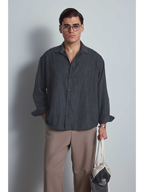Abluka Online Erkek Oversize Çizgili Uzun Kollu Gömlek Antrasit - S000481843-29666