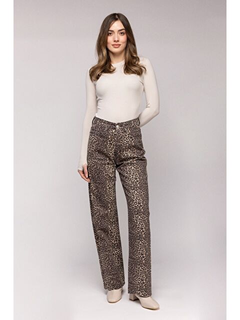 Saade Siyah Kadın Leopar Desenli Yüksek Bel Wide Leg Jean Pantolon - Wild Look - S000498942-19351