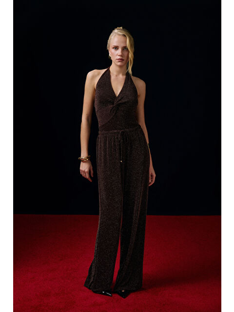 QUZU Simli Beli Bağcıklı Bol Paça Pantolon Kahverengi - S000475050-19413