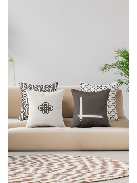 Asdiva Twist Modern Geometrik Desenli 4’lü Dekoratif Kırlent Kılıfı Seti Bej–Kahve - S000502336-12