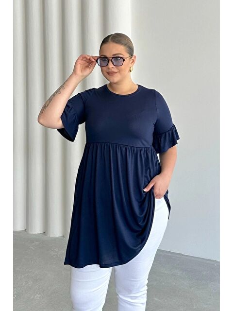 Stil Diva Büyük Beden Kol Detaylı Beli Lastikli Pileli Tunik T-shirt T42 - S000434698-21164