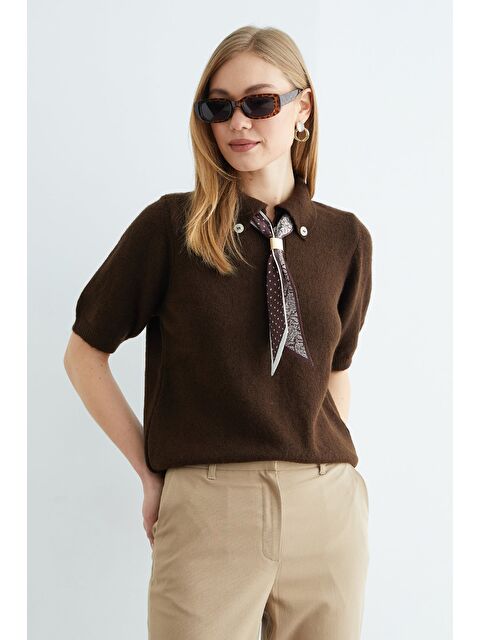 Fullamoda Fular Detaylı Polo Yaka Kısa Kol Triko Kazak - S000494431-19413