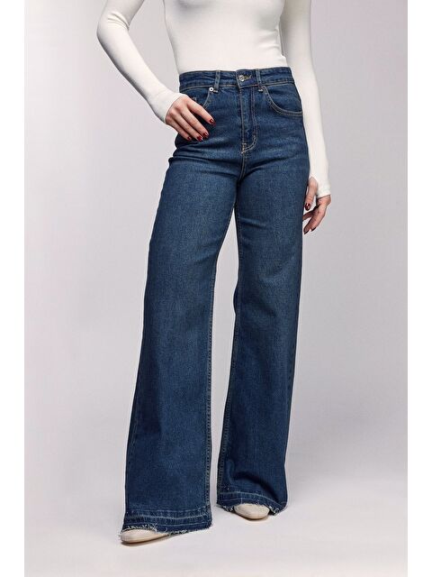 Saade Lacivert Kadın Yüksek Bel Wide Leg Jean Pantolon - Paça Detaylı - S000498944-21164