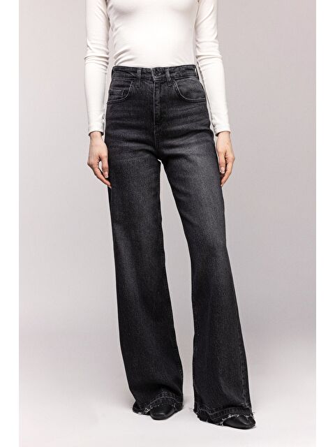 Saade Siyah Kadın Yüksek Bel Wide Leg Jean Pantolon - Paça Detaylı - S000498944-19351