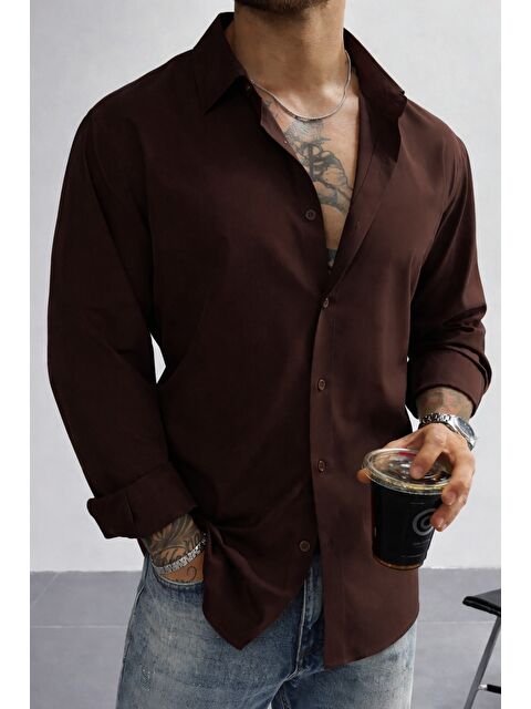 Tarz Cool Keten Görünümlü Yarım Oversize Uzun kollu Erkek Gömlek