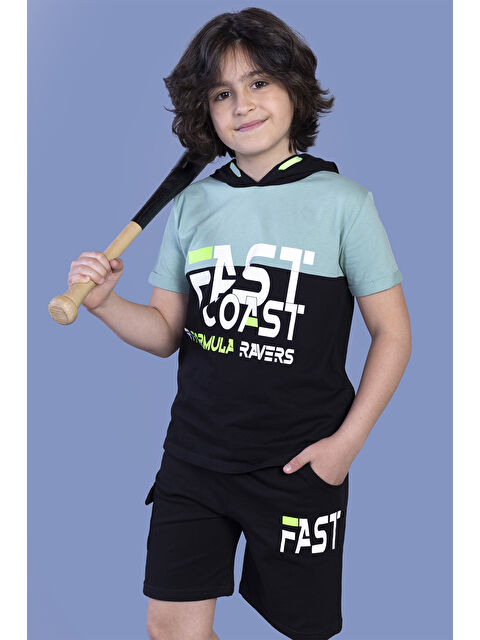 Toontoykids Erkek Çocuk Kapüşonlu Garni Detaylı Baskılı Şortlu Takım - S000417472-526