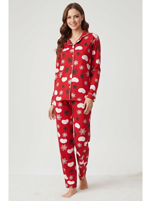 Tofisa Ara Biyeli Baskılı Süet Pijama Takımı Kirmizi - 28084-KIRMIZI - S000495252-20045
