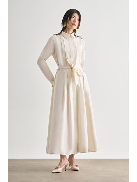Mizalle Premium Saf Pamuk Ekru Piliseli Uzun Elbise - S000368917-19965