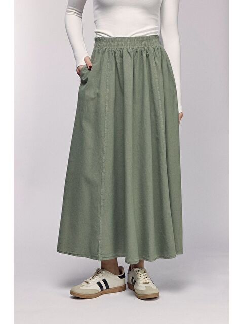 Saade Haki Kadın A Kesim Yüksek Bel Cepli Dökümlü Kloş Etek - Dokulu Keten - S000498945-18547