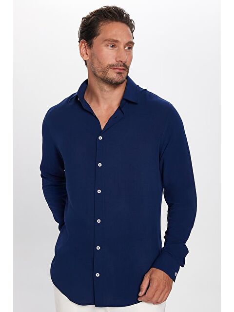 TUDORS Slim Fit Uzun Kollu Dar Kesim Dökümlü Viskon Lacivert Erkek Gömlek