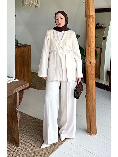 Lamelif Pensli Ceket-Pantolon İkili Takım Krem - S000515381-19966