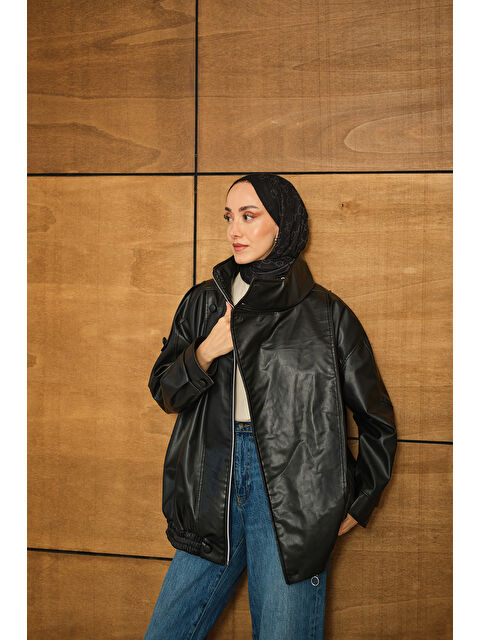 Locco Moda Kadın Dik Yaka Deri Ceket Siyah - S000475052-19351