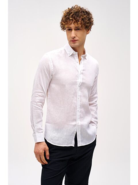 igs Beyaz Dynamic Fit Düğmeli Yaka Düz Uzun Kollu Cepsiz %100 Keten Gömlek - S000490113-20063