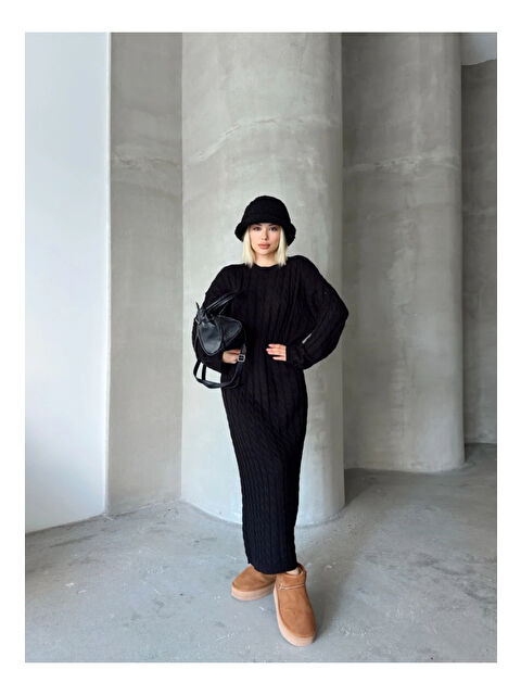 carla10 Kadın Siyah Bisiklet Yaka Saç Örgülü Kadın Triko Midi Elbise - S000494391-19351