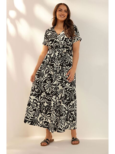 Stil Diva Büyük Beden Kısa Kollu V Yaka Kuşaklı Anvelop Elbise 304073 - S000427493-37216