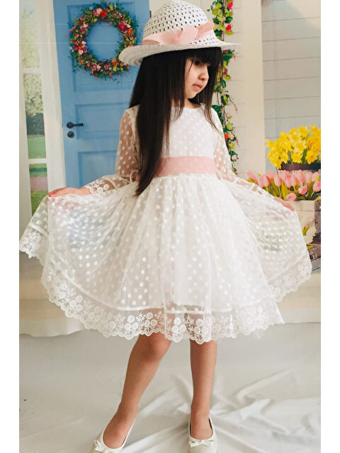 Mnk Baby & Kids Krem Şapkalı Dantelli Kız Çocuk Elbise - S000389143-19965