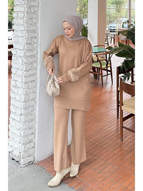 Lamelif Kol Pelüş Detaylı Triko Takım Camel - S000515423-4557
