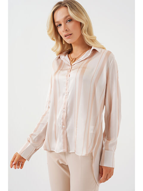 Bigdart Kadın Çizgili Uzun Saten Gömlek 20291 - Bej - S000386924-19928