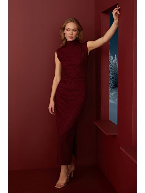 Fullamoda Beli Drapeli Simli Dik Yaka Maxi Boy Elbise - S000494392-19951