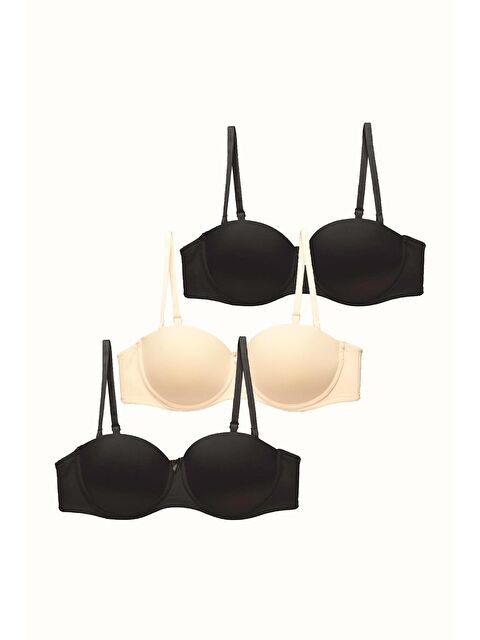 C&City 3'Lü Paket Dolgusuz Straplez Yumuşak Kaplı Örme Sütyen C37050 Siyah/Ten - S000514012-19351