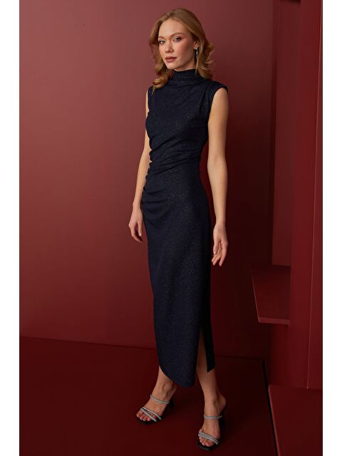 Fullamoda Beli Drapeli Simli Dik Yaka Maxi Boy Elbise - S000494392-21164