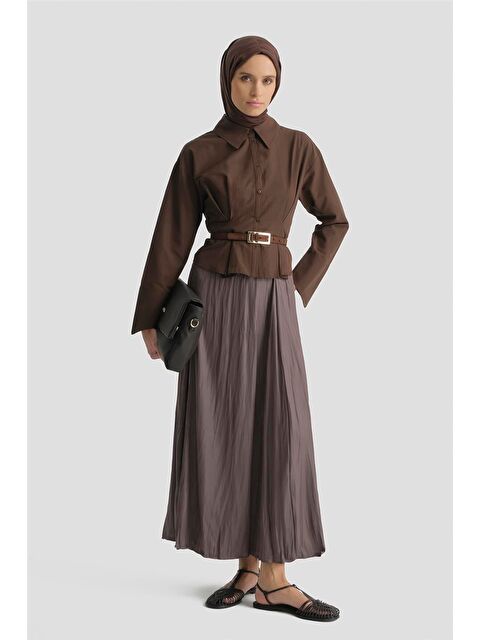ARMİNE Kırışık Efektli Saten Etek Kakao