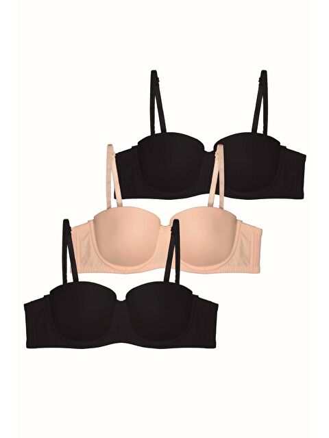 C&City 3'Lü Paket Dolgusuz Straplez Yumuşak Kaplı Örme Sütyen C38020 Siyah/Ten - S000514013-19351