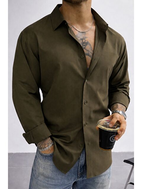 Tarz Cool Keten Görünümlü Yarım Oversize Uzun kollu Erkek Gömlek