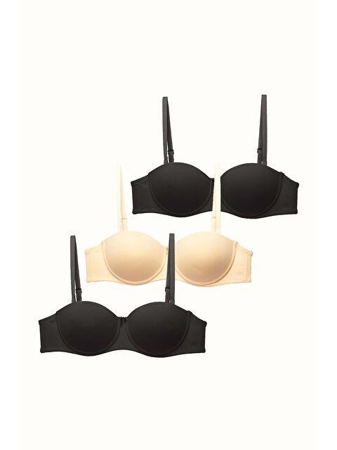 C&City 3'Lü Paket Push Up Straplez Yumuşak Kaplı Örme Sütyen C37055 Siyah/Ten - S000514014-19351